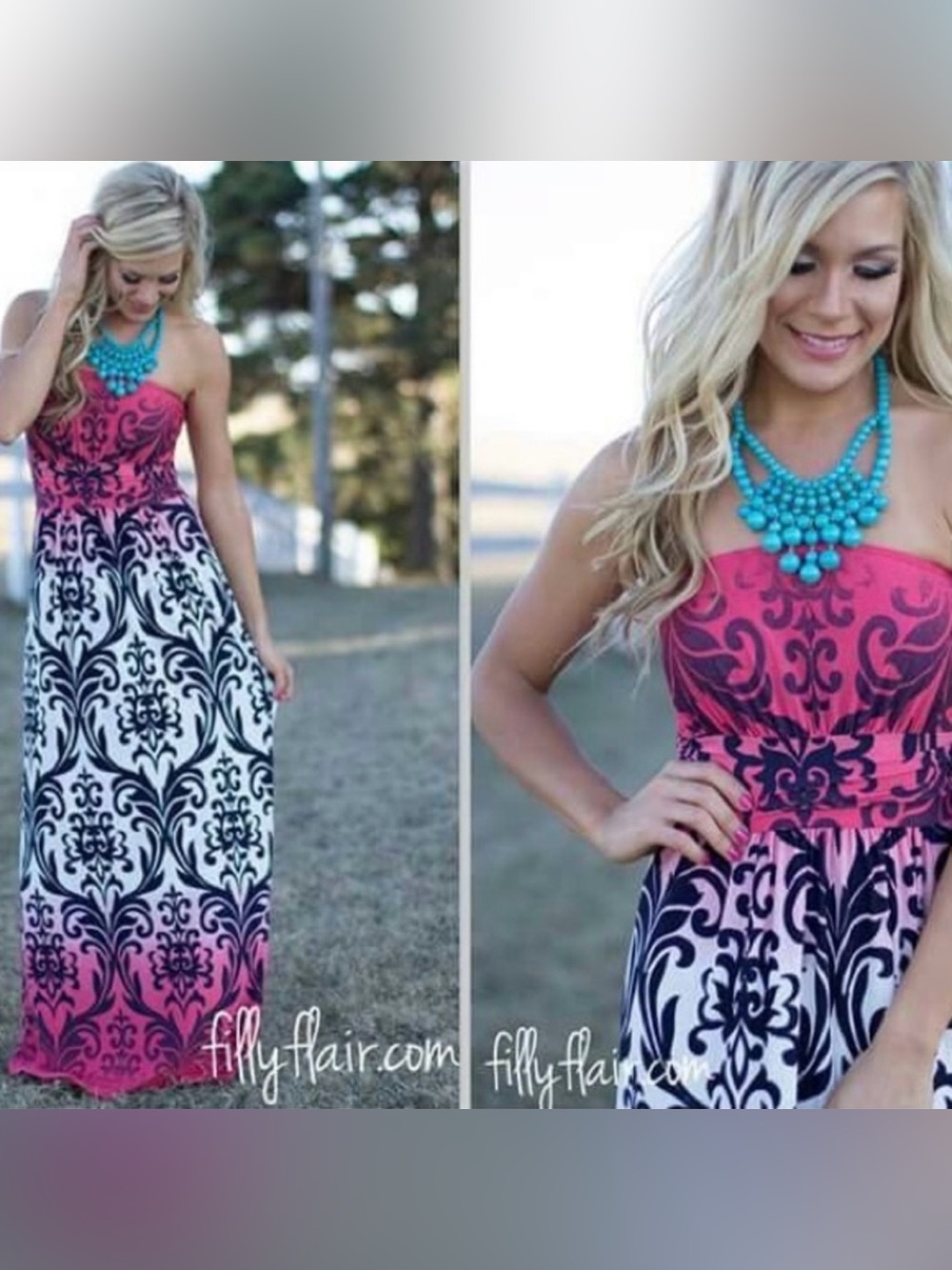 Loila Hot Pink Ombre Maxi Dress with Damask Print (M)